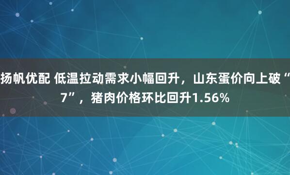 扬帆优配 低温拉动需求小幅回升，山东蛋价向上破“7”，猪肉价格环比回升1.56%